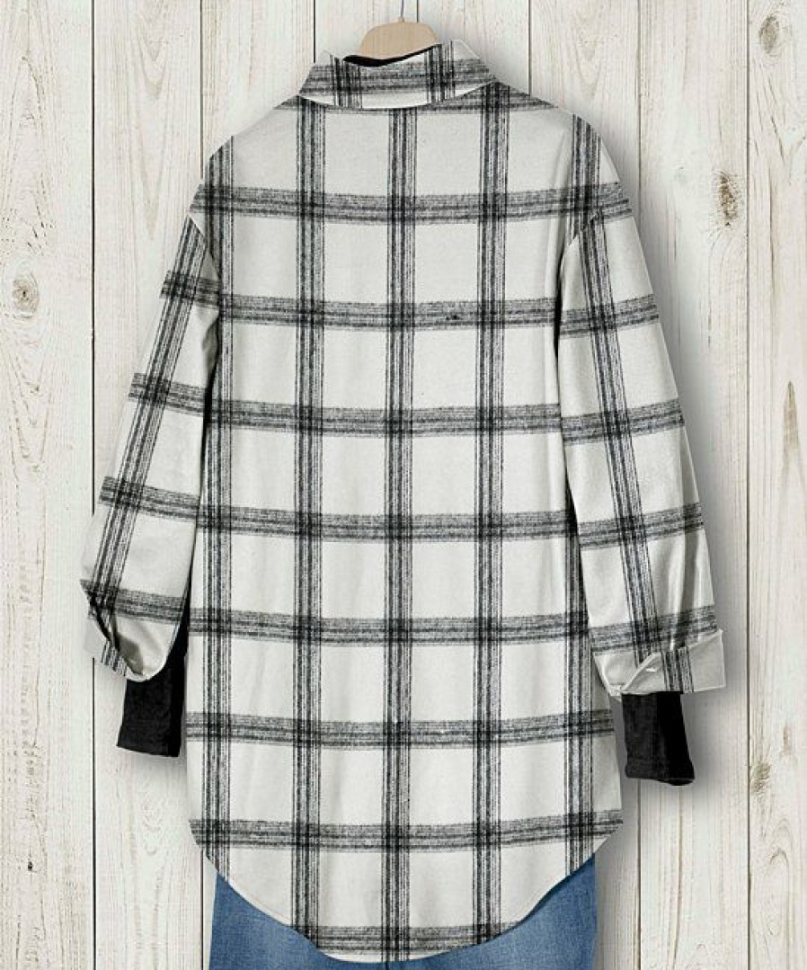 Women * | Best Reviews Of Izuria Black & White Plaid Chest-Pocket Shacket Plus