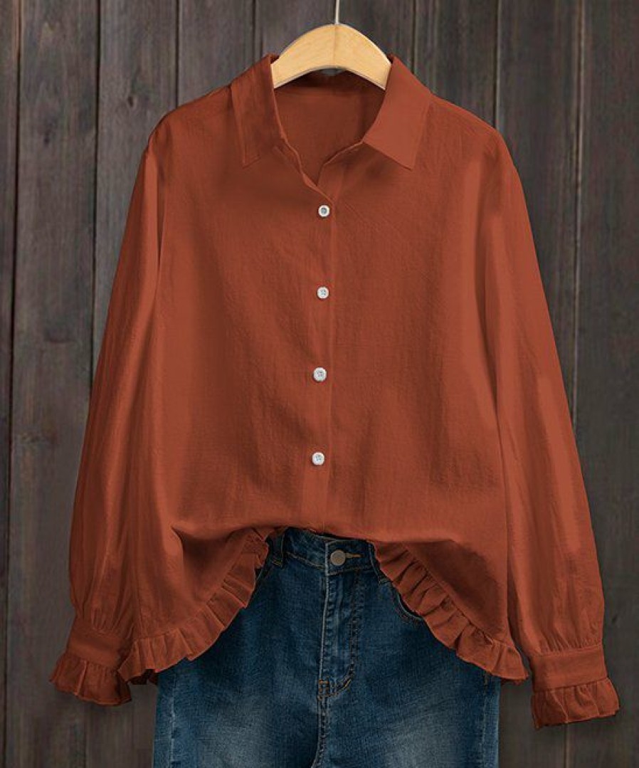 Women * | Top 10 Izuria Rust Ruffle-Hem Poet-Sleeve Button-Up Plus