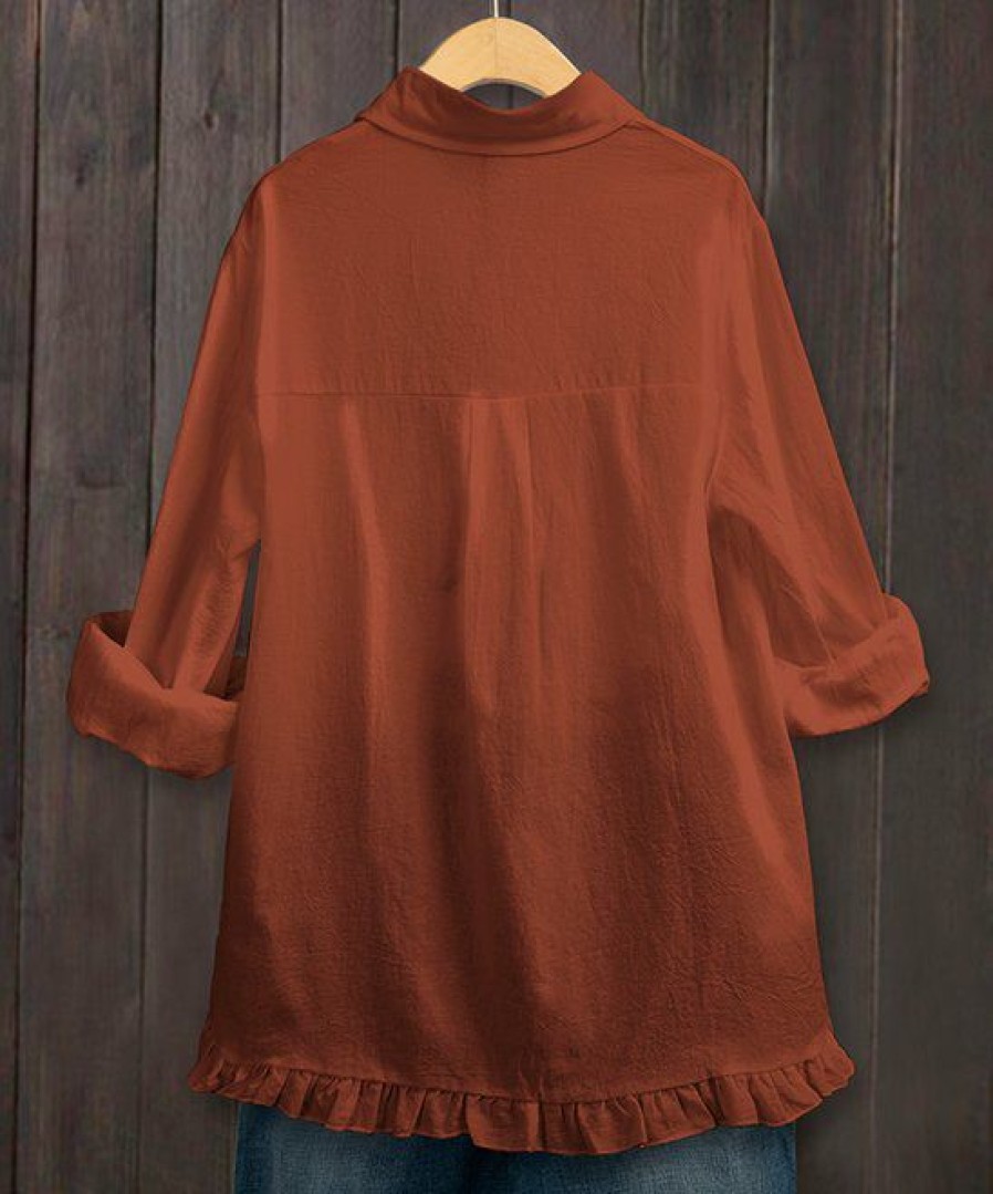 Women * | Top 10 Izuria Rust Ruffle-Hem Poet-Sleeve Button-Up Plus