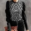 Women * | Best Sale Izuria Black & White Arabesque Button-Accent Mutton-Sleeve Top Plus