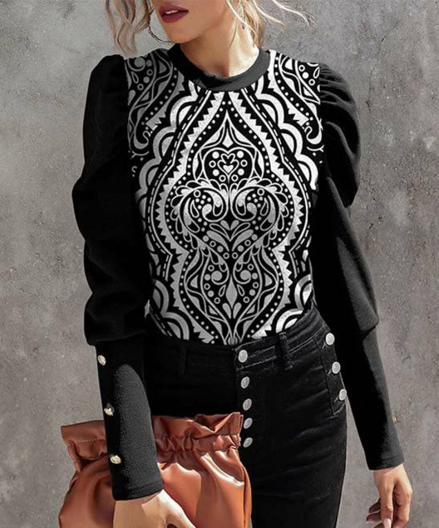 Women * | Best Sale Izuria Black & White Arabesque Button-Accent Mutton-Sleeve Top Plus