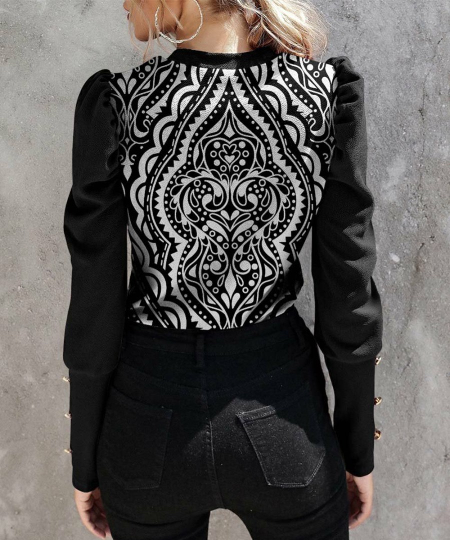 Women * | Best Sale Izuria Black & White Arabesque Button-Accent Mutton-Sleeve Top Plus