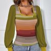 Women * | Coupon Izuria Green & Red Stripe Bishop-Sleeve Scoop Neck Top Women