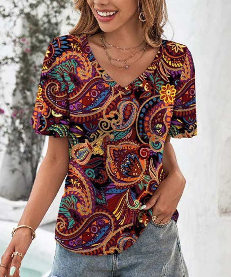 Womens Plus * | Cheap Izuria Purple & Orange Paisley Bell-Sleeve V-Neck Top Women