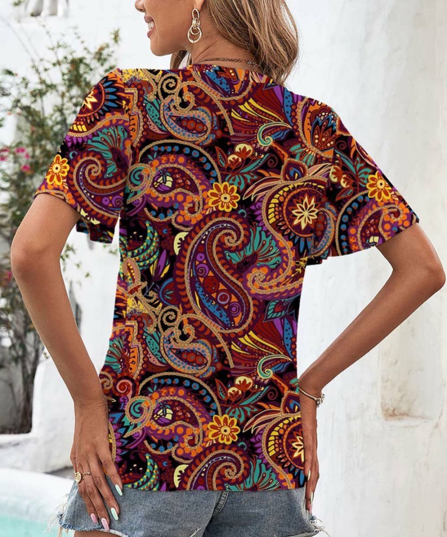 Womens Plus * | Cheap Izuria Purple & Orange Paisley Bell-Sleeve V-Neck Top Women