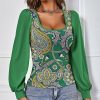 Womens Plus * | Best Sale Izuria Green & Yellow Floral Bishop-Sleeve Scoop Neck Top Women & Plus