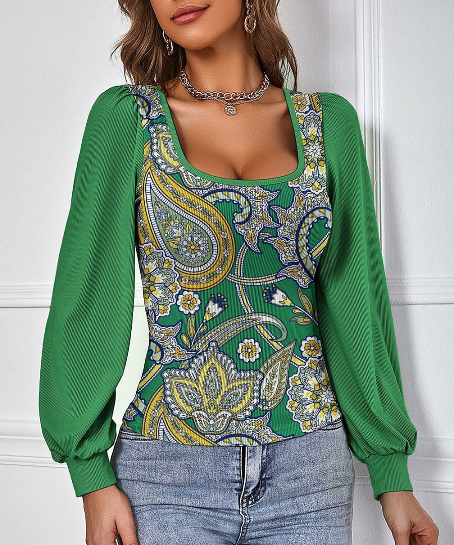 Womens Plus * | Best Sale Izuria Green & Yellow Floral Bishop-Sleeve Scoop Neck Top Women & Plus