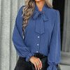 Other * | Best Reviews Of Izuria Blue Swiss Dot Tie-Neck Poet-Sleeve Button-Up Top Women