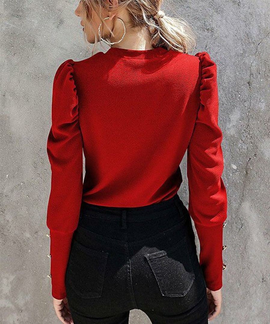 Women * | Best Reviews Of Izuria Red Button Mutton-Sleeve Crewneck Top Women