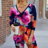 Women * | Best Sale Izuria Navy & Orange Abstract Floral V-Neck Long-Sleeve Top & Bike Shorts Plus