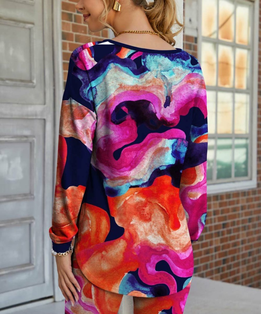 Women * | Best Sale Izuria Navy & Orange Abstract Floral V-Neck Long-Sleeve Top & Bike Shorts Plus