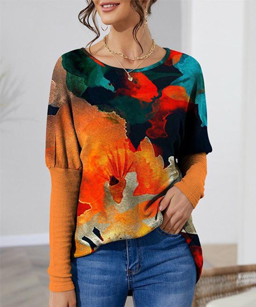 Womens Plus * | Wholesale Izuria Orange & Blue Abstract Waffle-Knit Balloon-Sleeve Tunic Women