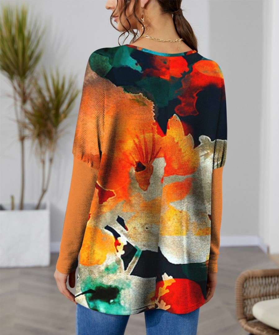 Womens Plus * | Wholesale Izuria Orange & Blue Abstract Waffle-Knit Balloon-Sleeve Tunic Women