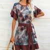 Womens Plus * | Wholesale Izuria Wine & Red Abstract Belted Bell-Sleeve Ruffle-Hem Shift Dress Women