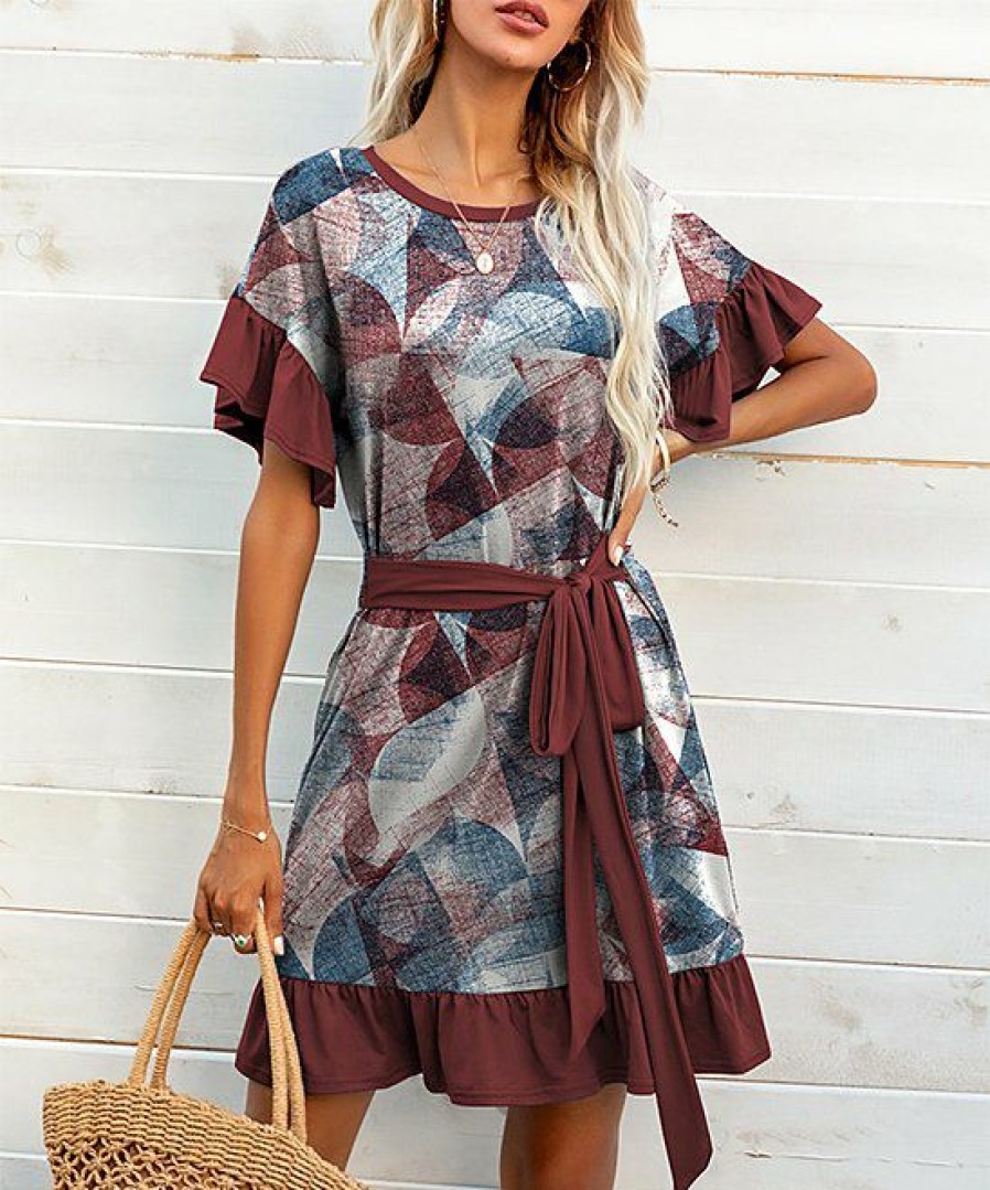 Womens Plus * | Wholesale Izuria Wine & Red Abstract Belted Bell-Sleeve Ruffle-Hem Shift Dress Women