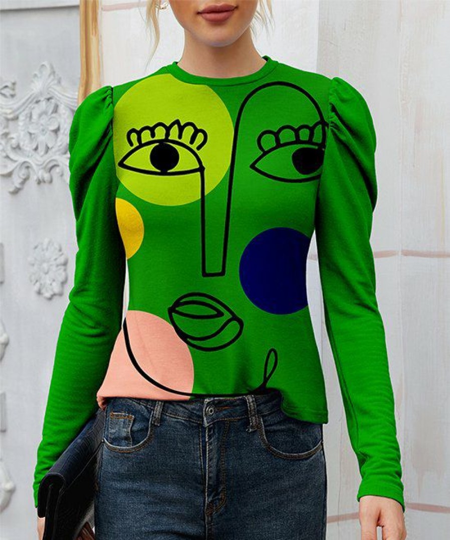 Women * | Deals Izuria Green Abstract Face Crewneck Puff-Sleeve Top Women