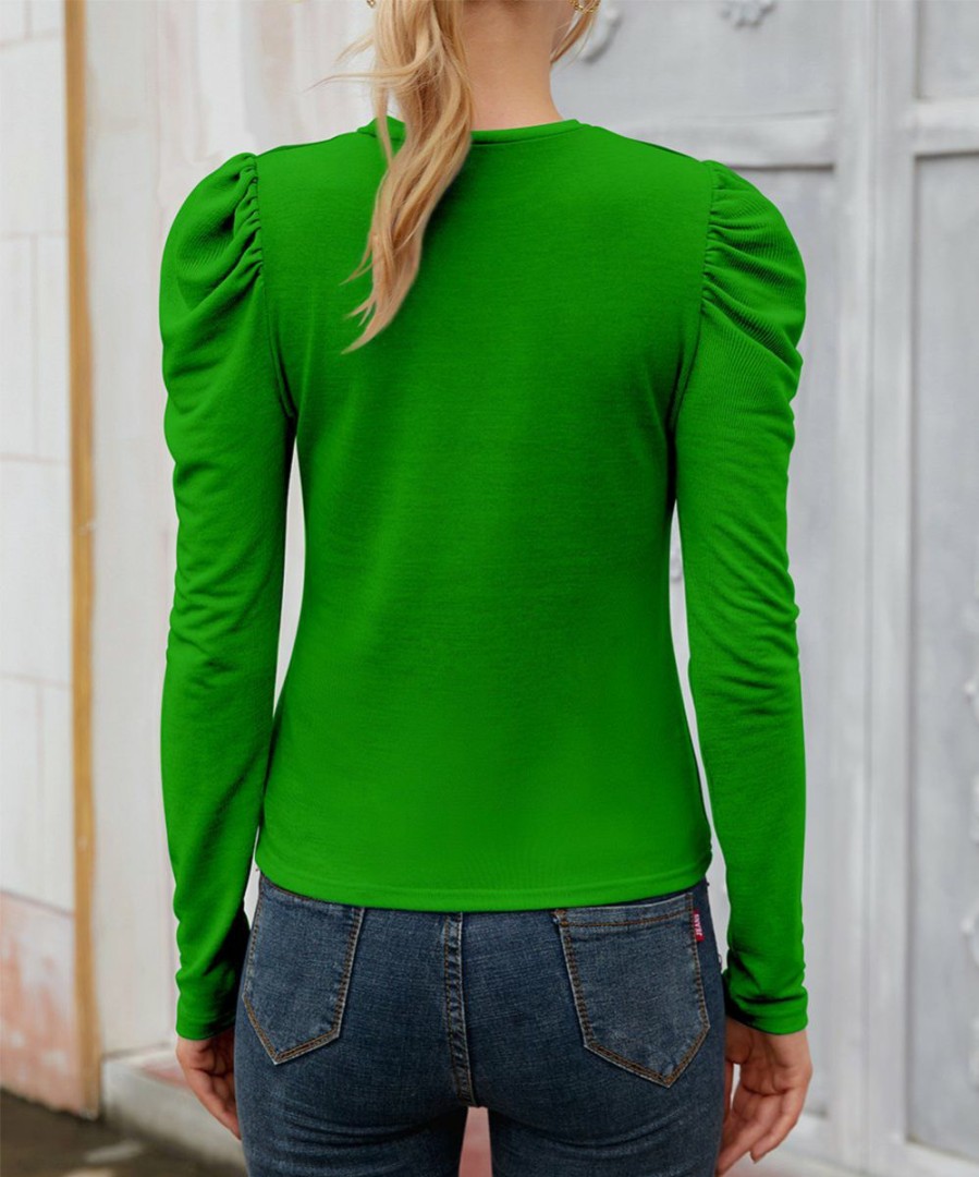 Women * | Deals Izuria Green Abstract Face Crewneck Puff-Sleeve Top Women