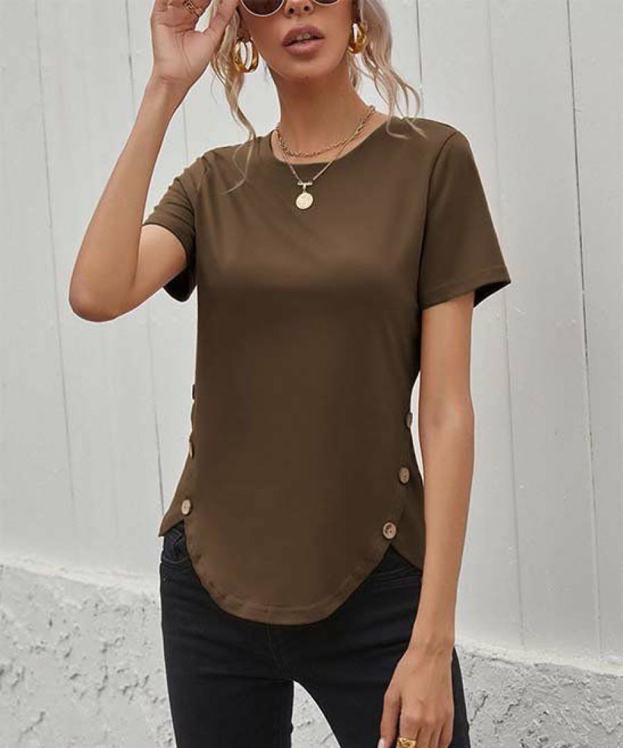 Womens Plus * | Outlet Izuria Coffe Button-Accent Curved-Hem Tee Women