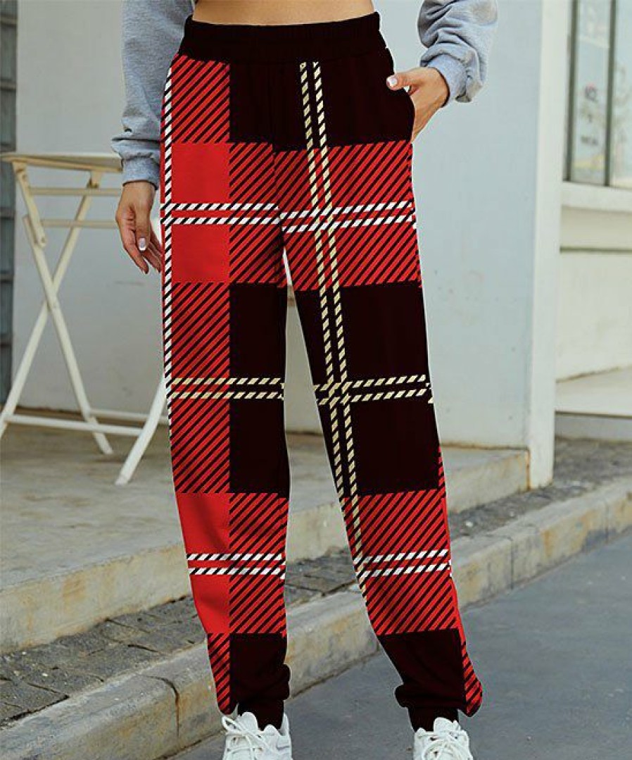 Women * | Discount Izuria Red & White Plaid Pocket Joggers Women