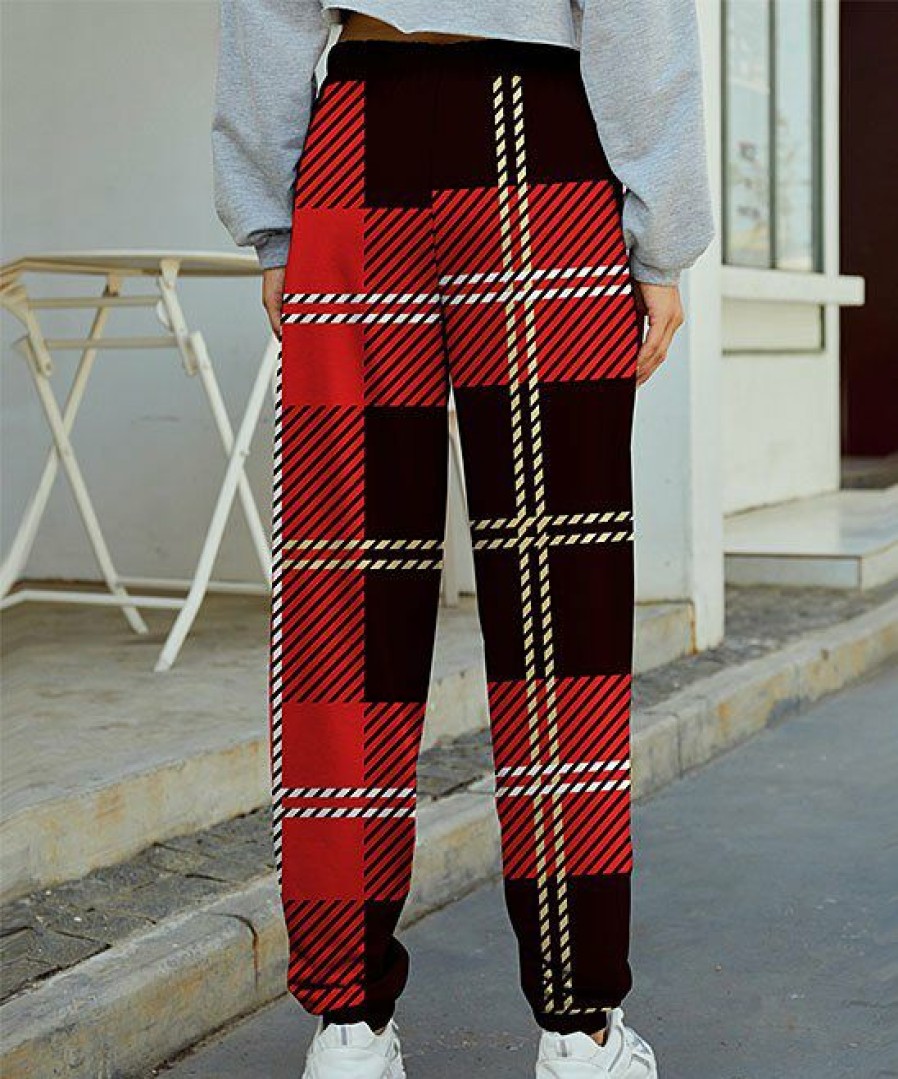 Women * | Discount Izuria Red & White Plaid Pocket Joggers Women