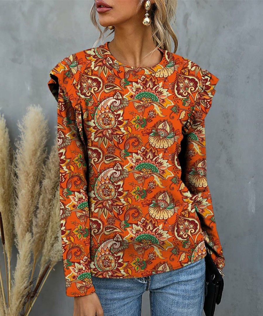 Women * | Promo Izuria Tangerine & Yellow Floral Ruffle Long-Sleeve Top Women