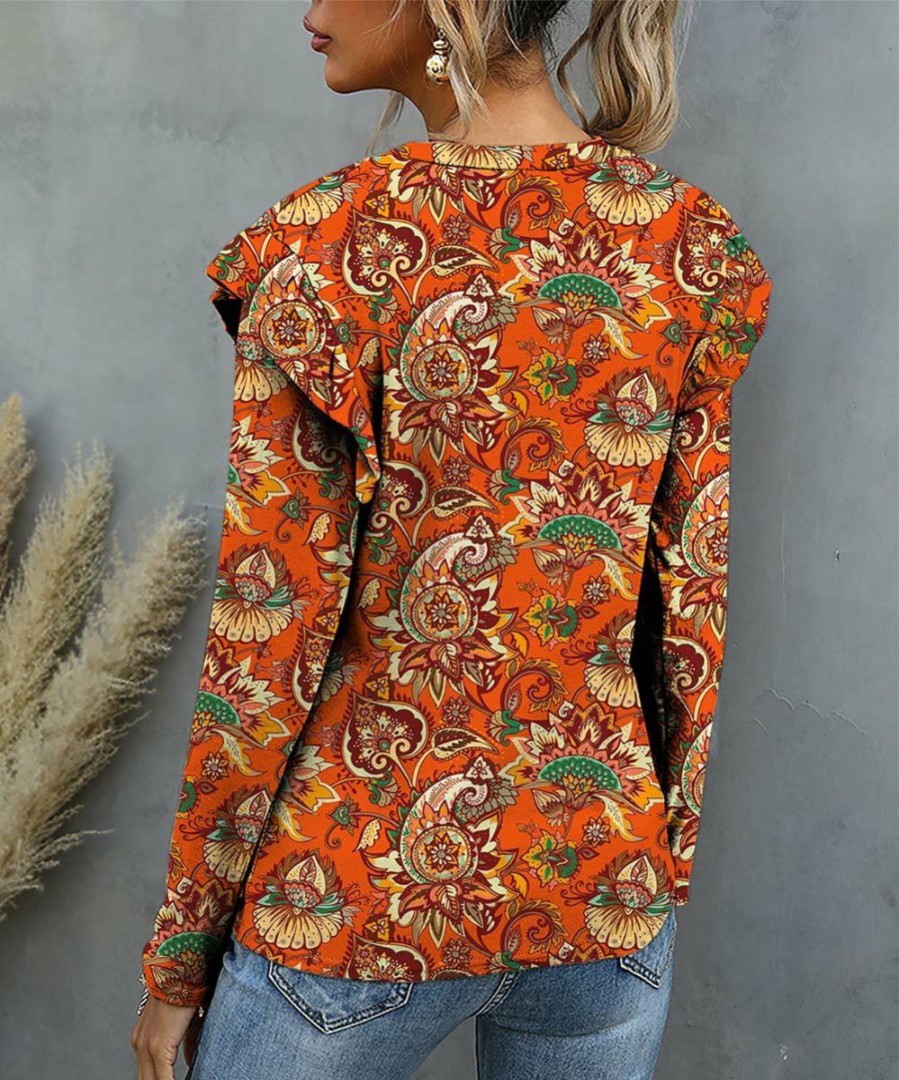 Women * | Promo Izuria Tangerine & Yellow Floral Ruffle Long-Sleeve Top Women