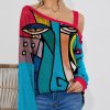 Womens Plus * | Buy Izuria Blue & Fuchsia Abstract Face Waffle-Knit Contrast Off-Shoulder Tunic Plus