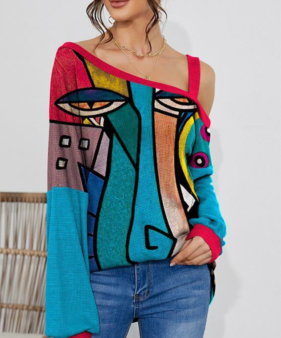 Womens Plus * | Buy Izuria Blue & Fuchsia Abstract Face Waffle-Knit Contrast Off-Shoulder Tunic Plus