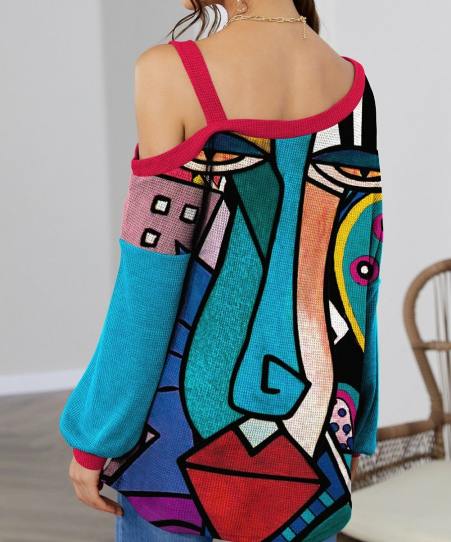 Womens Plus * | Buy Izuria Blue & Fuchsia Abstract Face Waffle-Knit Contrast Off-Shoulder Tunic Plus