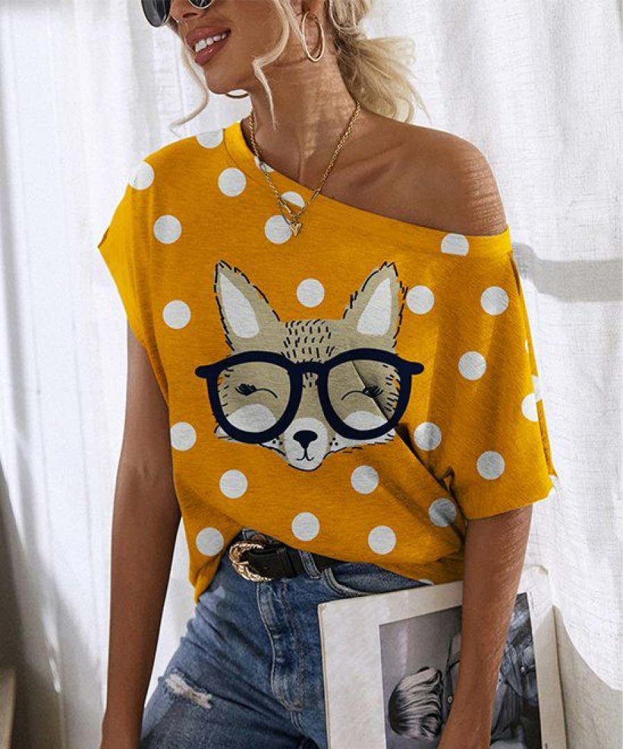 Womens Plus * | Promo Izuria Yellow & White Polka Dot Fox Short-Sleeve Boatneck Top Plus