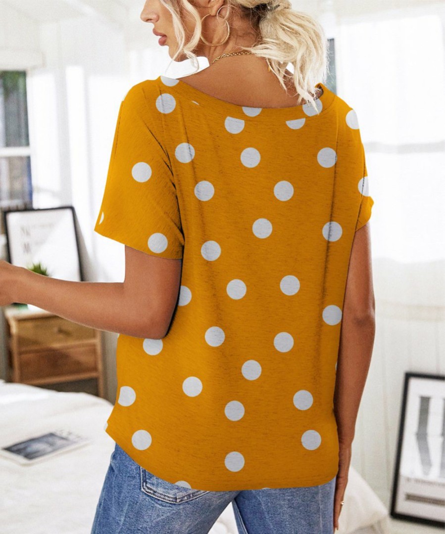 Womens Plus * | Promo Izuria Yellow & White Polka Dot Fox Short-Sleeve Boatneck Top Plus