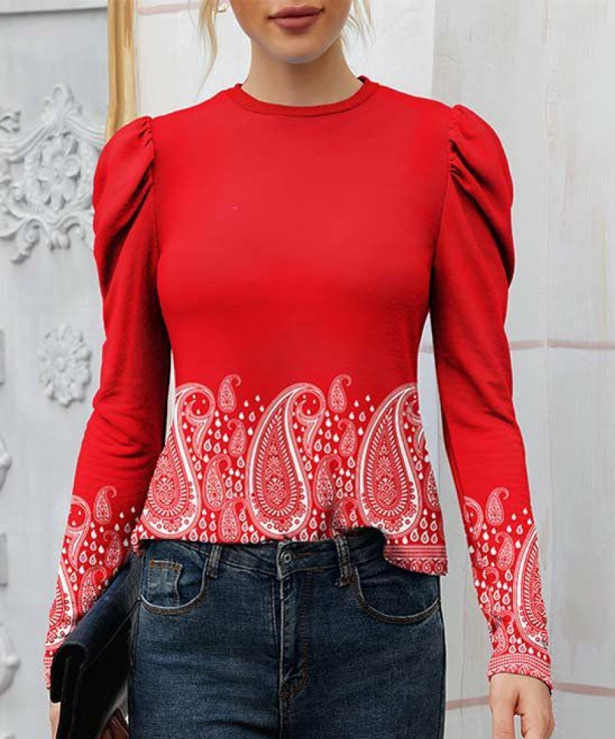 Womens Plus * | Top 10 Izuria Red & White Paisley Mutton-Sleeve Crewneck Top Women