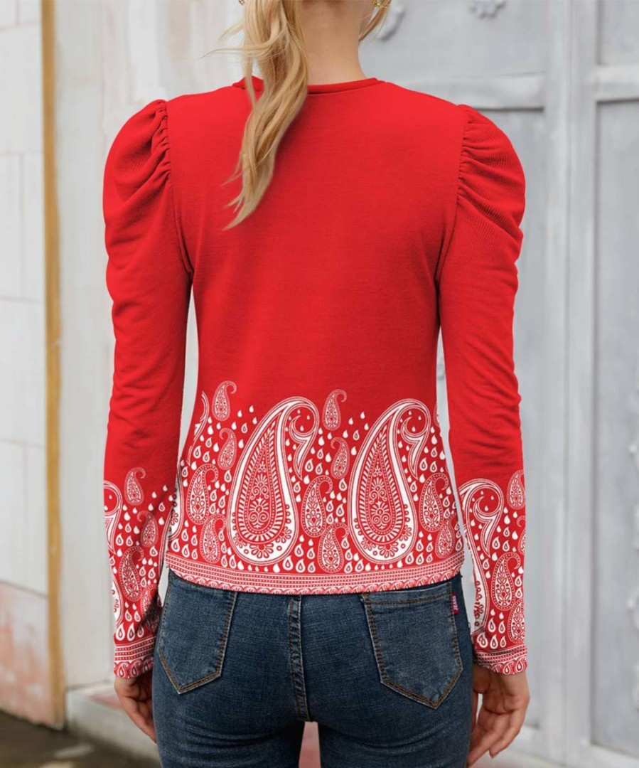 Womens Plus * | Top 10 Izuria Red & White Paisley Mutton-Sleeve Crewneck Top Women