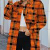 Women * | Wholesale Izuria Orange Plaid Chest-Pocket Button-Up Shacket Women & Plus