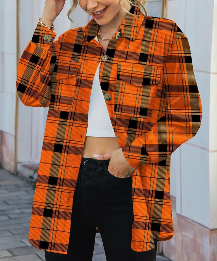 Women * | Wholesale Izuria Orange Plaid Chest-Pocket Button-Up Shacket Women & Plus