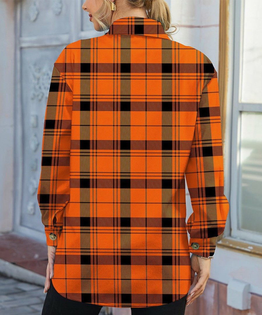 Women * | Wholesale Izuria Orange Plaid Chest-Pocket Button-Up Shacket Women & Plus