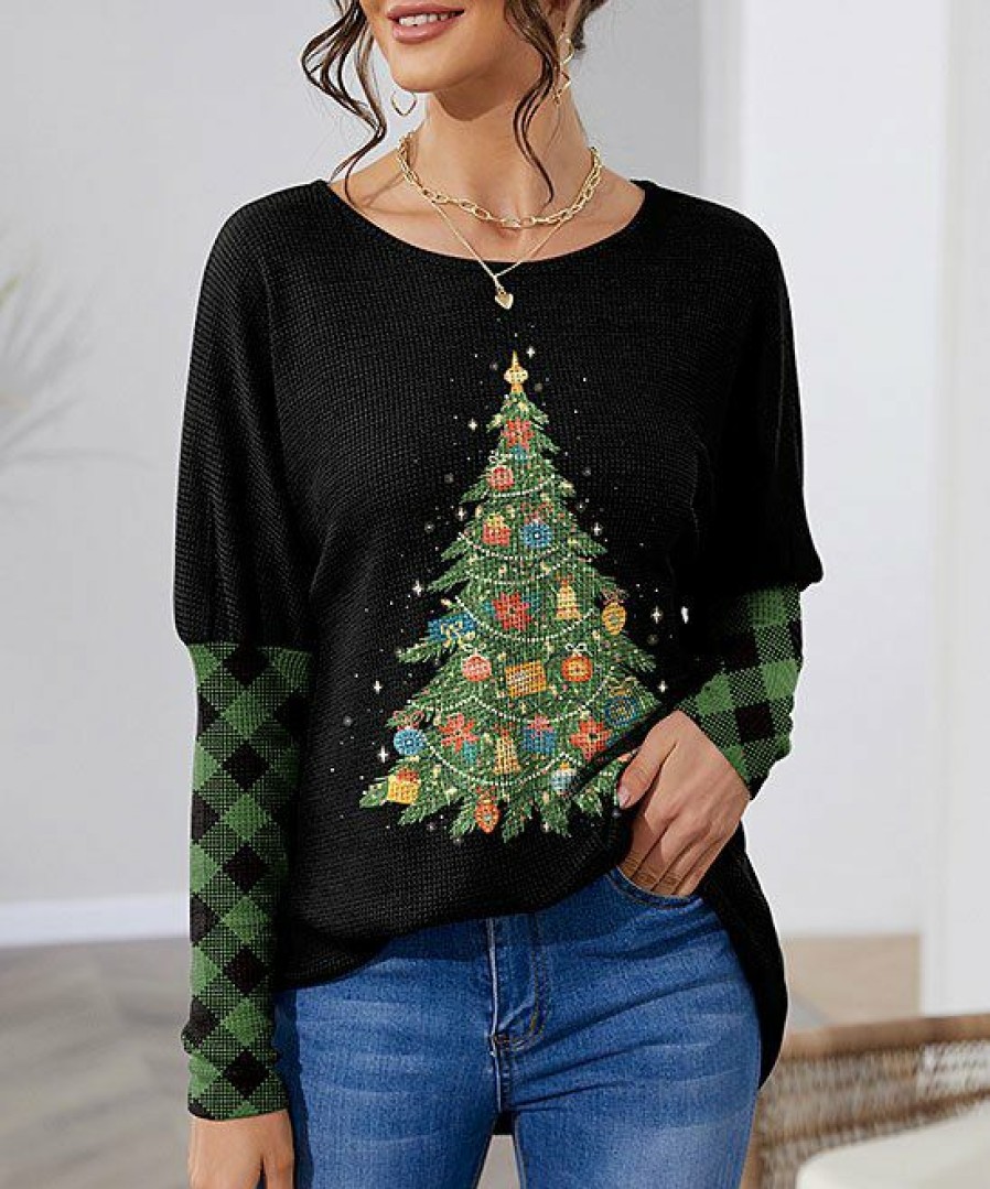 Women * | Best Pirce Izuria Black & Green Tree Bishop-Sleeve Tunic Women