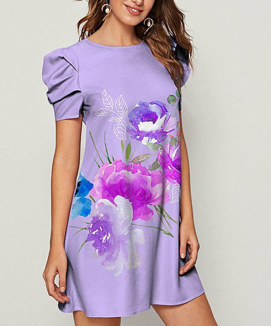 Womens Plus * | Coupon Izuria Lavender Floral Puff-Sleeve Shift Dress Plus