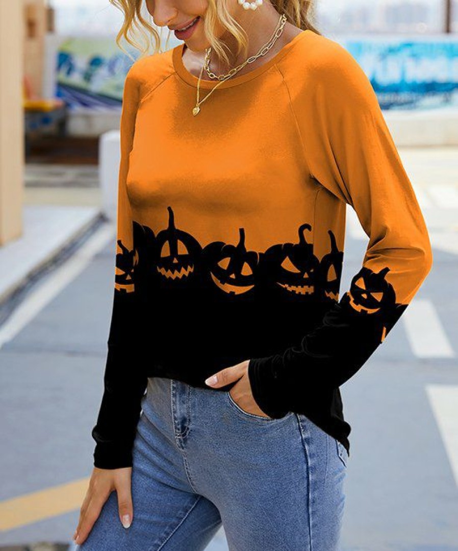 Womens Plus * | Flash Sale Izuria Orange & Black Pumpkin Raglan Contrast-Cuff Long-Sleeve Top Plus