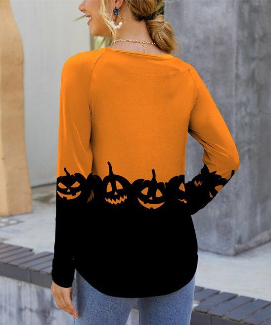 Womens Plus * | Flash Sale Izuria Orange & Black Pumpkin Raglan Contrast-Cuff Long-Sleeve Top Plus