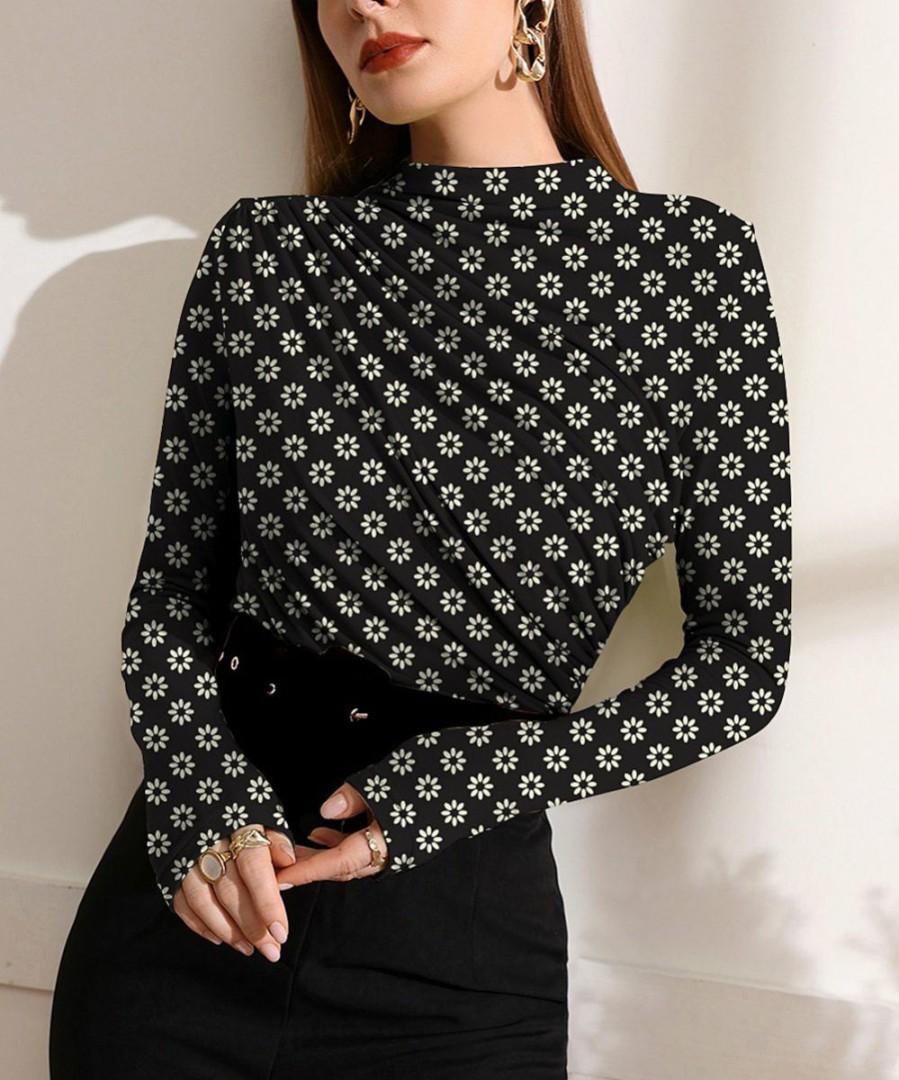 Women * | Best Pirce Izuria Black & White Floral Ruched-Front Long-Sleeve Top Women & Plus