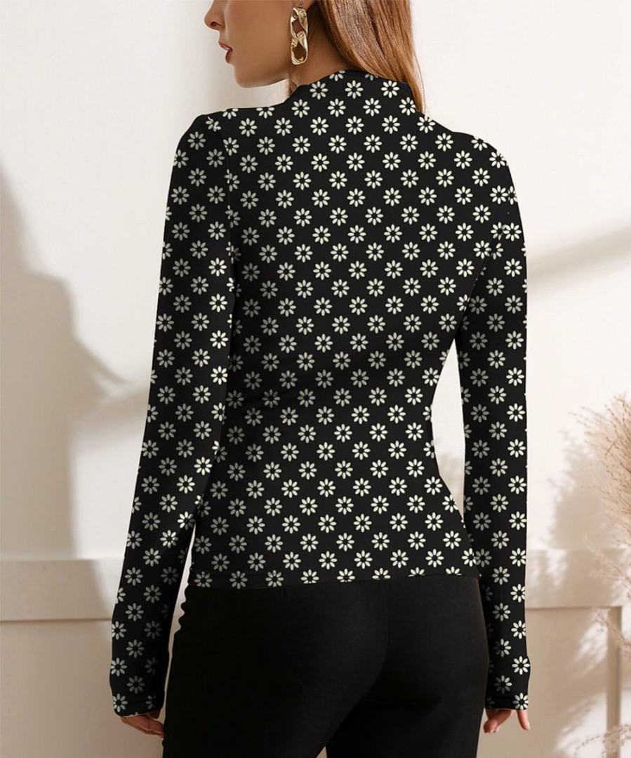 Women * | Best Pirce Izuria Black & White Floral Ruched-Front Long-Sleeve Top Women & Plus