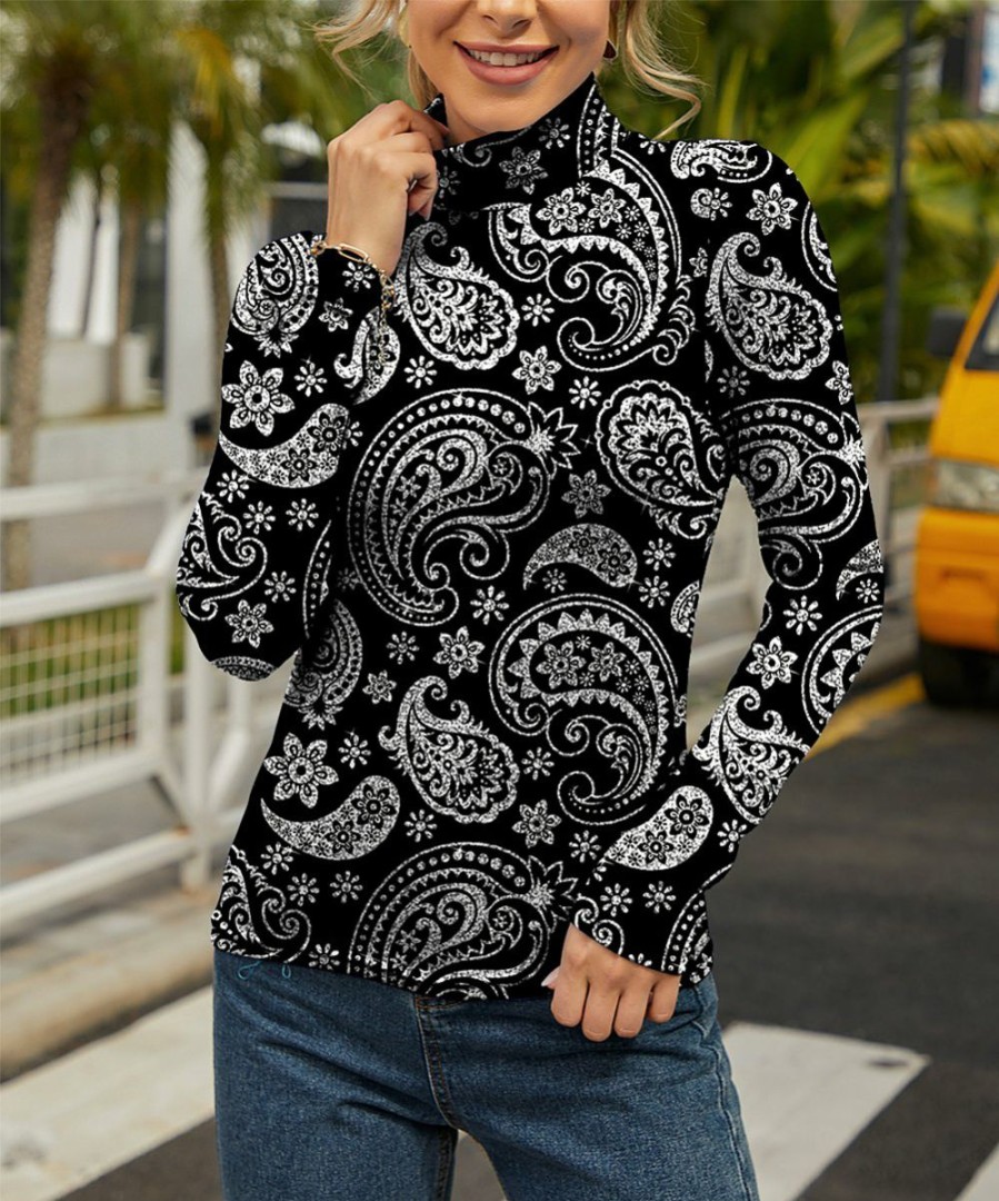 Womens Plus * | Best Pirce Izuria Black & White Paisley Long-Sleeve Turtleneck Women