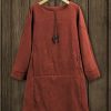 Women * | Buy Izuria Brick-Red Corduroy Long-Sleeve Drop-Waist Shift Dress Women