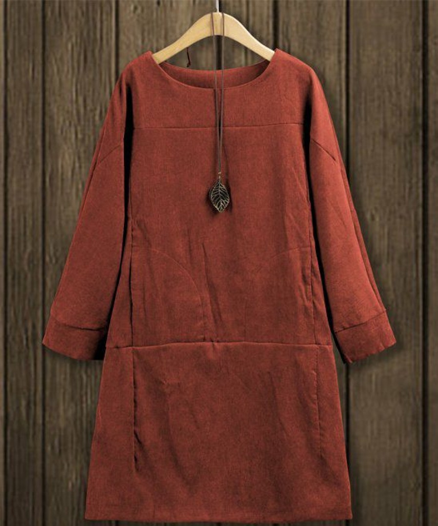 Women * | Buy Izuria Brick-Red Corduroy Long-Sleeve Drop-Waist Shift Dress Women