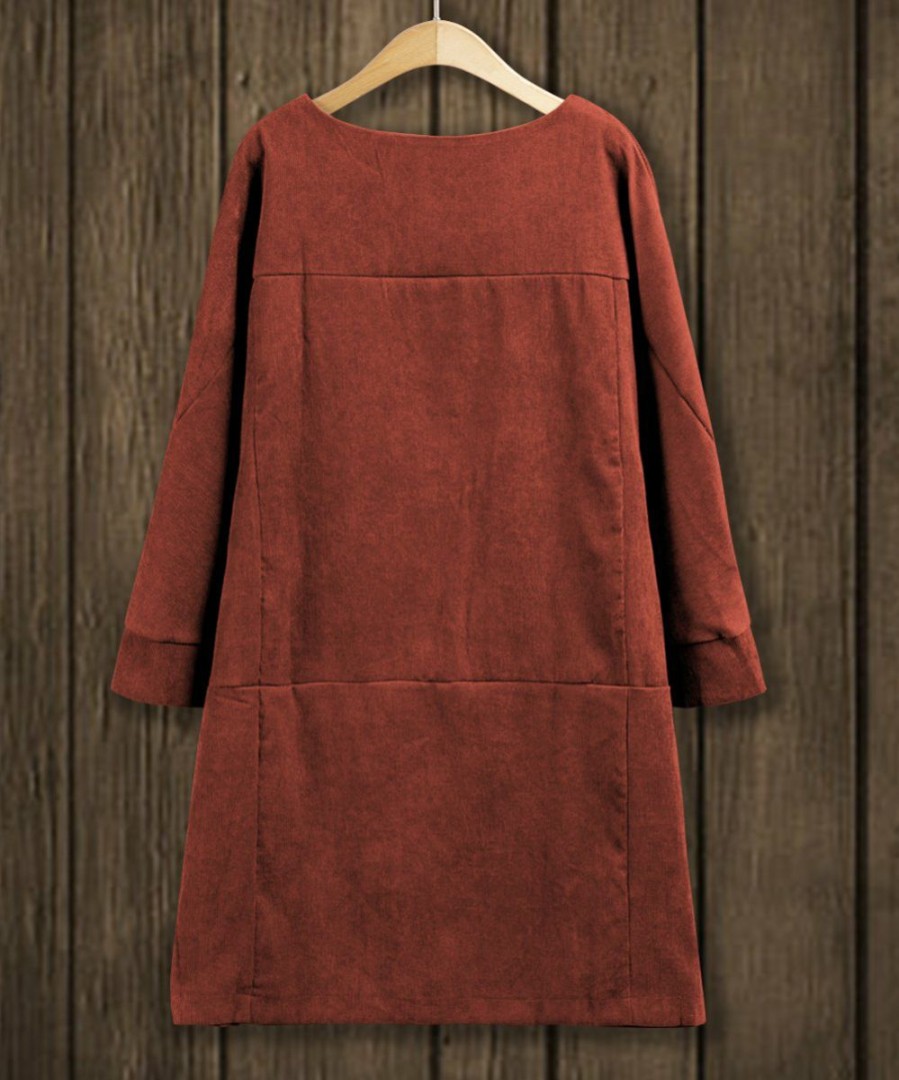 Women * | Buy Izuria Brick-Red Corduroy Long-Sleeve Drop-Waist Shift Dress Women