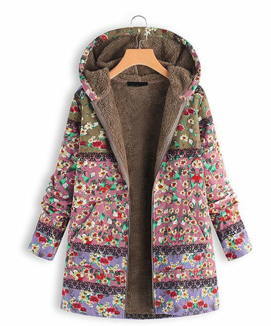 Women * | Promo Izuria Pink & Green Floral Sherpa-Lined Pocket Hooded Zip-Front Coat Women