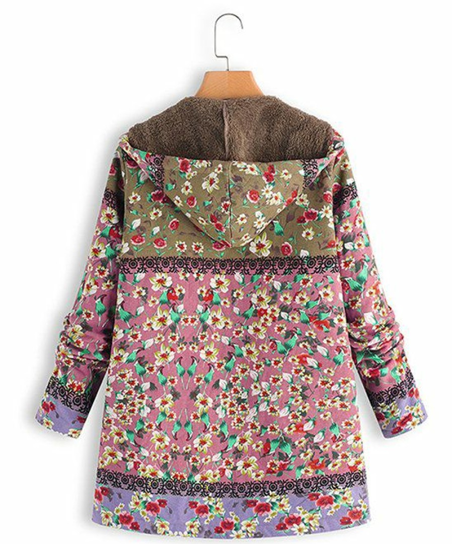 Women * | Promo Izuria Pink & Green Floral Sherpa-Lined Pocket Hooded Zip-Front Coat Women