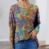 Womens Plus * | Deals Izuria Blue & Yellow Paisley Waffle-Knit Bishop-Sleeve Top Women & Plus