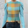 Women * | Flash Sale Izuria Blue & Yellow Plaid Puff-Sleeve Top Women